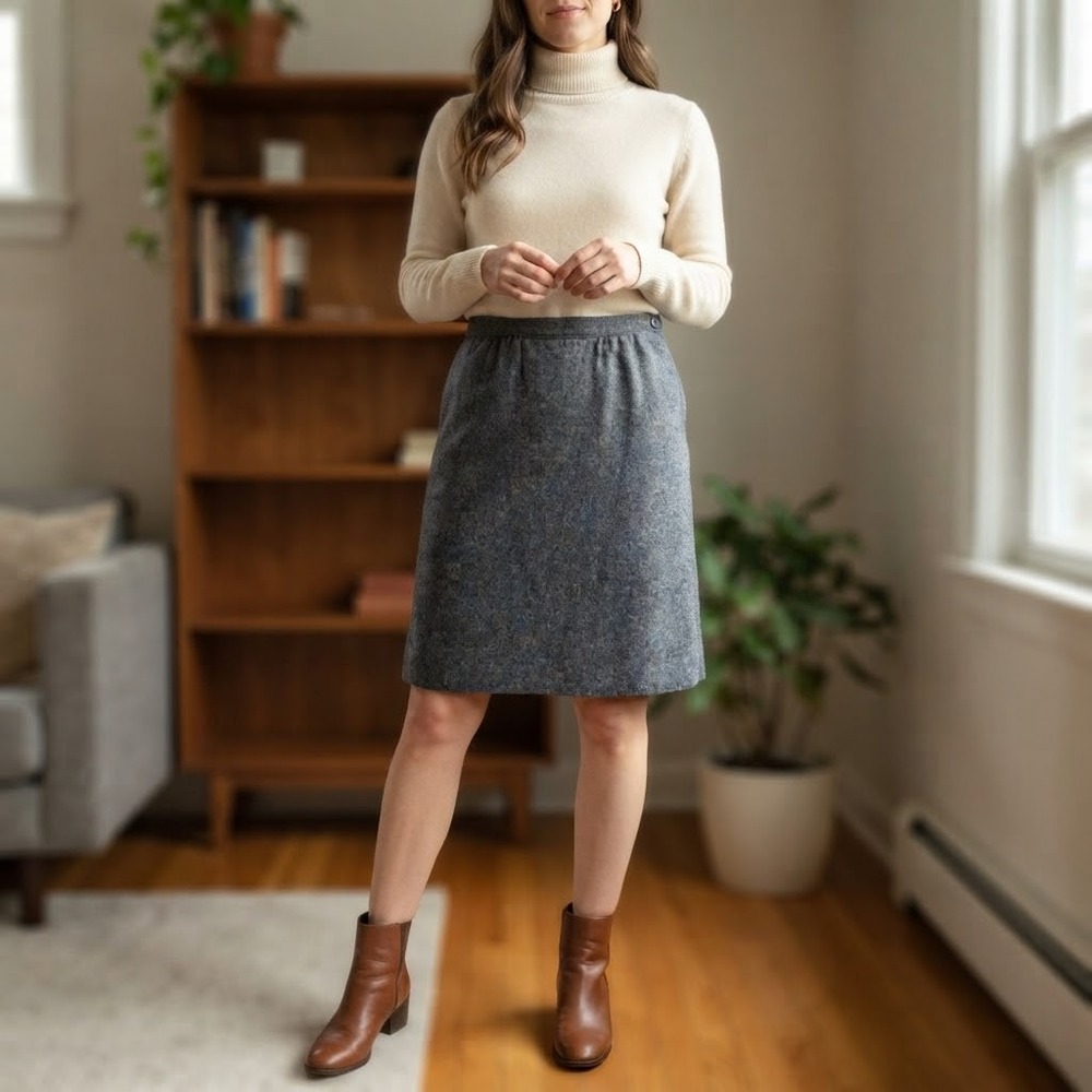 Vintage Heathered Charcoal Grey Wool Blend A-Line Midi Skirt with Pockets